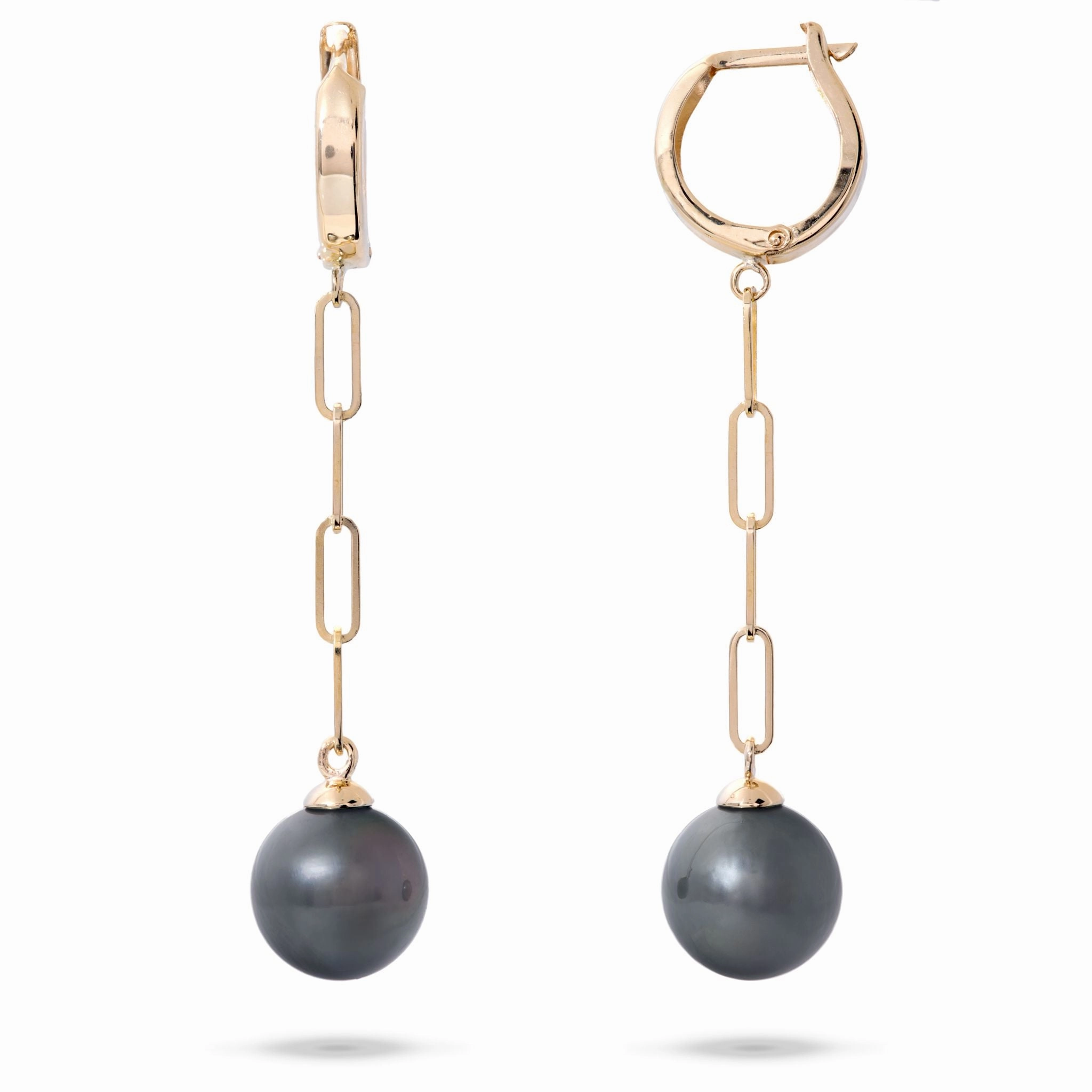 Tahitian Black Pearl Paperclip Chain Earrings in Gold - 9-11mm High-Quality Embellishment