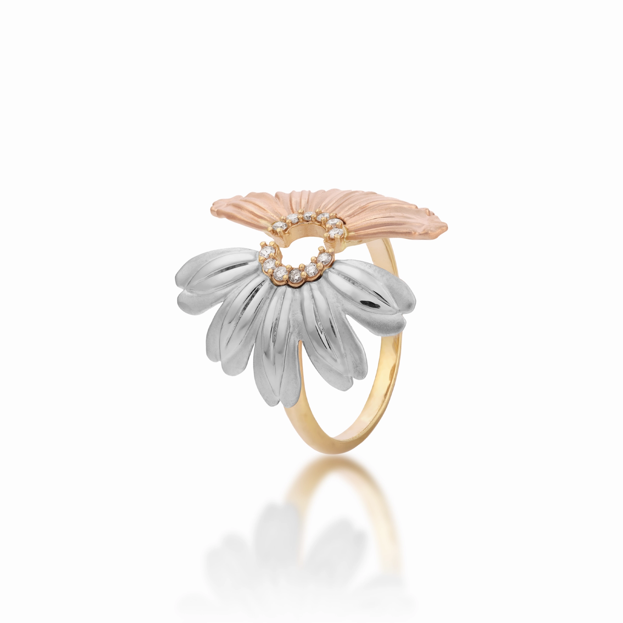 Beach & Mountain Naupaka Ring in Tri Color Gold with Diamonds Luxury Contour
