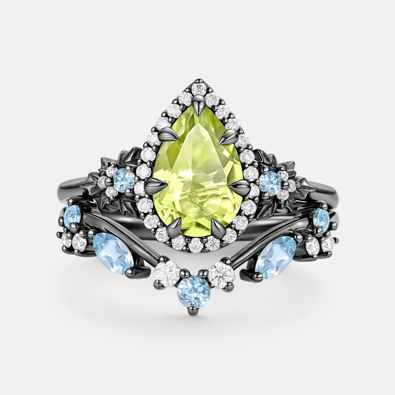 Luxury Accessories Pear Cut Peridot & Aquamarine Leafy Engagement Ring Set 2pcs - Liora