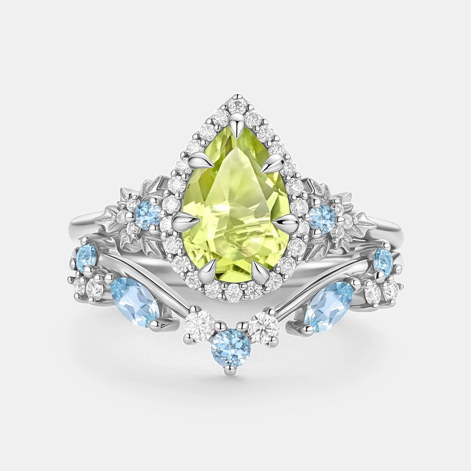 Pear Cut Peridot & Aquamarine Leafy Engagement Ring Set 2pcs - Liora Dainty Shine Bridal Moment