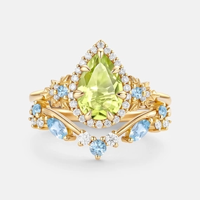 Luxurious Detail Pear Cut Peridot & Aquamarine Leafy Engagement Ring Set 2pcs - Liora