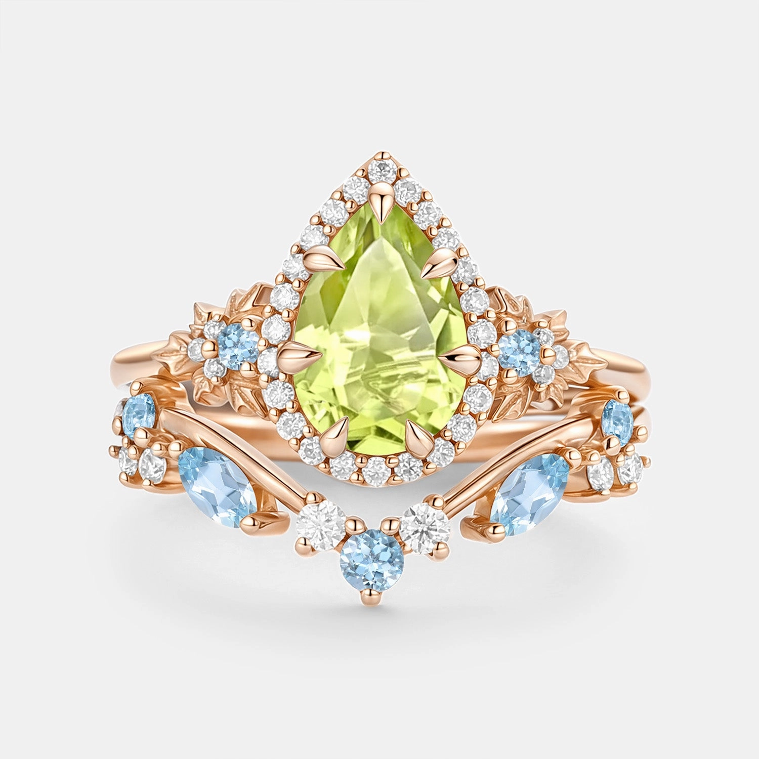 Pear Cut Peridot & Aquamarine Leafy Engagement Ring Set 2pcs - Liora Vibrant Shine Soft Light