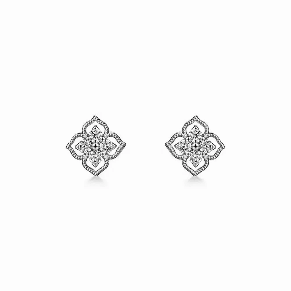 Raised-Edge Clover Diamond Studs with Centered Sparkle Lustrous Touch