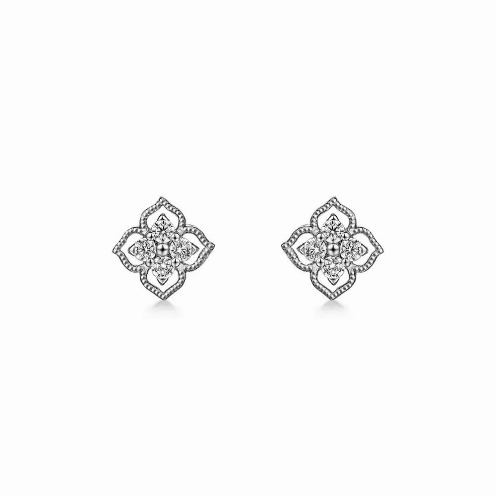 Raised-Edge Clover Diamond Studs with Centered Sparkle Radiant Surface