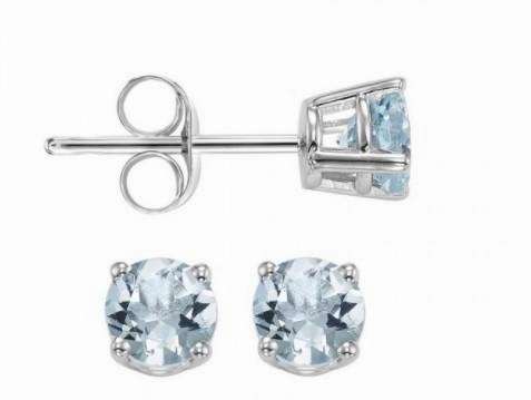 Radiant Edge Shiny Finish March Birthstone Aquamarine Earrings 14K White Gold 3mm
