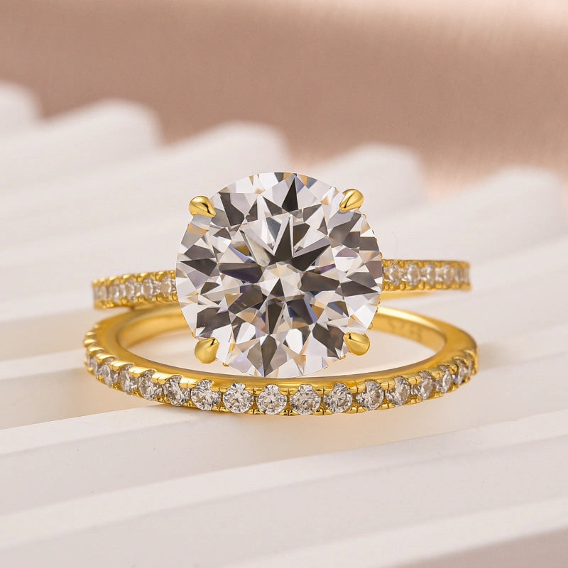 Louily Moissanite Dazzling 4.0 Carat Round Cut Yellow Gold Wedding Ring Set Iconic Feel