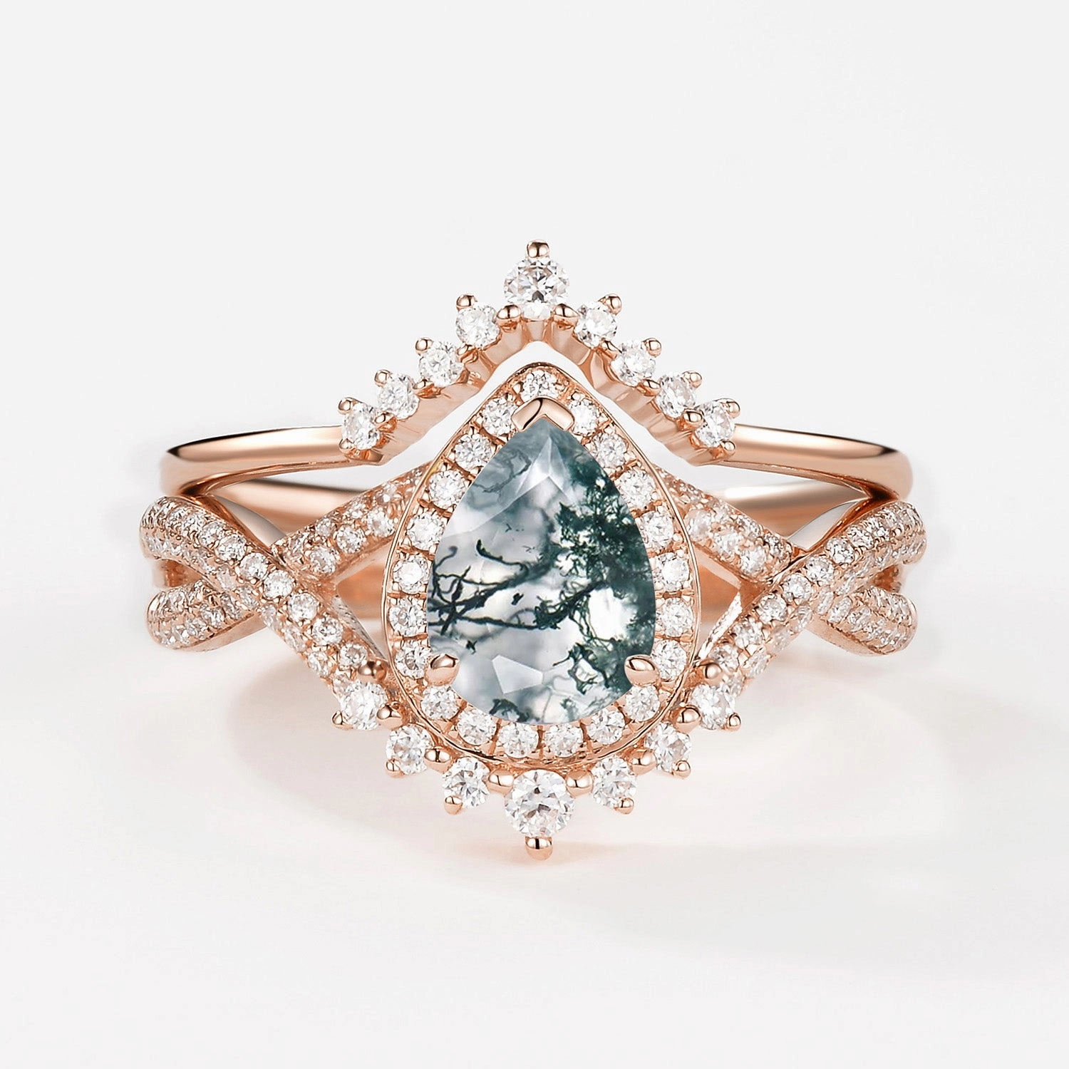 Sweet Detail Pear Moss Agate Halo Infinity Ring Set 2pcs - Valentina