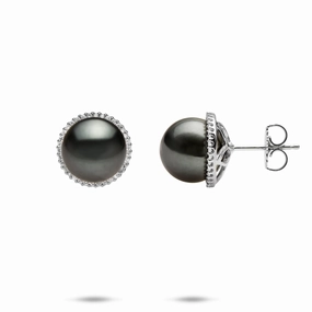 Classic Feature Spiral Item Tahitian Black Pearl Earrings in White Gold with Diamonds - 10-11mm