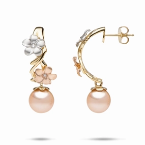 Polished Look Pretty Must-Have Pearls in Bloom Plumeria Peach Freshwater Pearl Earrings in Tri Color Gold with Diamonds- 20mm