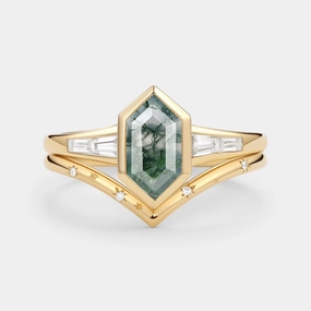 Fresh Highlight Long Hexagon Moss Agate Minimalist Bridal Ring Set 2pcs