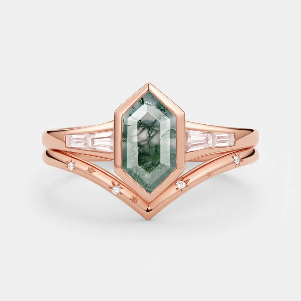 Stunning Piece Long Hexagon Moss Agate Minimalist Bridal Ring Set 2pcs