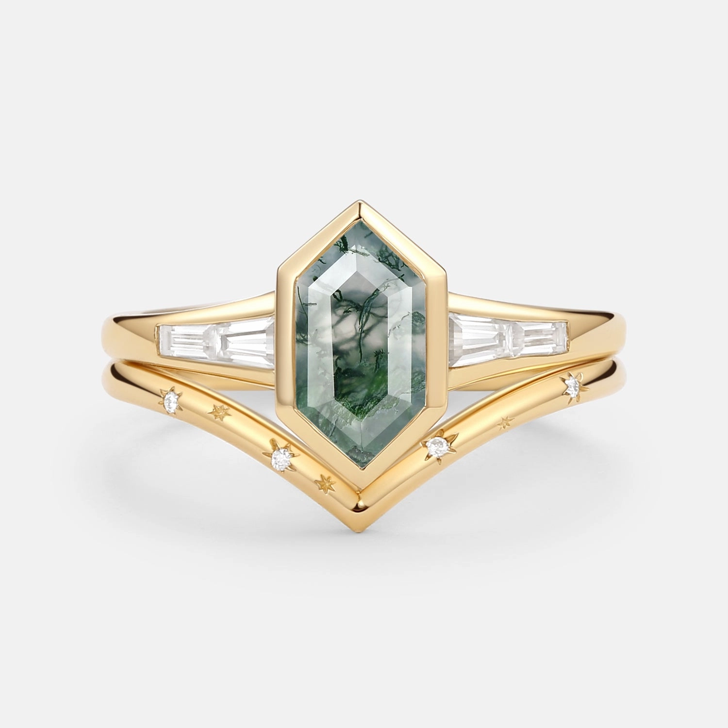 Charming Edge Long Hexagon Moss Agate Minimalist Bridal Ring Set 2pcs