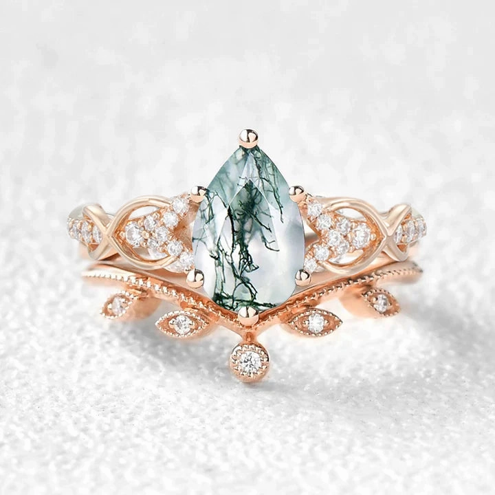 Shiny Gifts Elegant Fit Pear Shaped Moss Agate Infinity Leafy Bridal Ring Set 2pcs