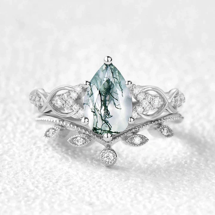 Bold Touch Pear Shaped Moss Agate Infinity Leafy Bridal Ring Set 2pcs