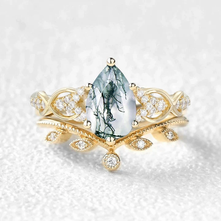 Instant Shine Style Detail Pear Shaped Moss Agate Infinity Leafy Bridal Ring Set 2pcs