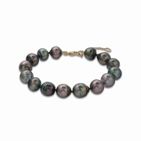 7.5-9" Adjustable Tahitian Black Pearl Bracelet in Gold - 10-12mm Favorite Accent Crisp Style