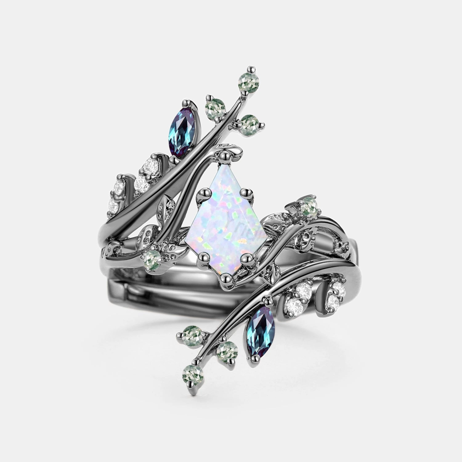 Kite Cut Opal Cage Leafy Engagement Ring Sets 2pcs - Knight Contemporary Edge Pure Brilliance