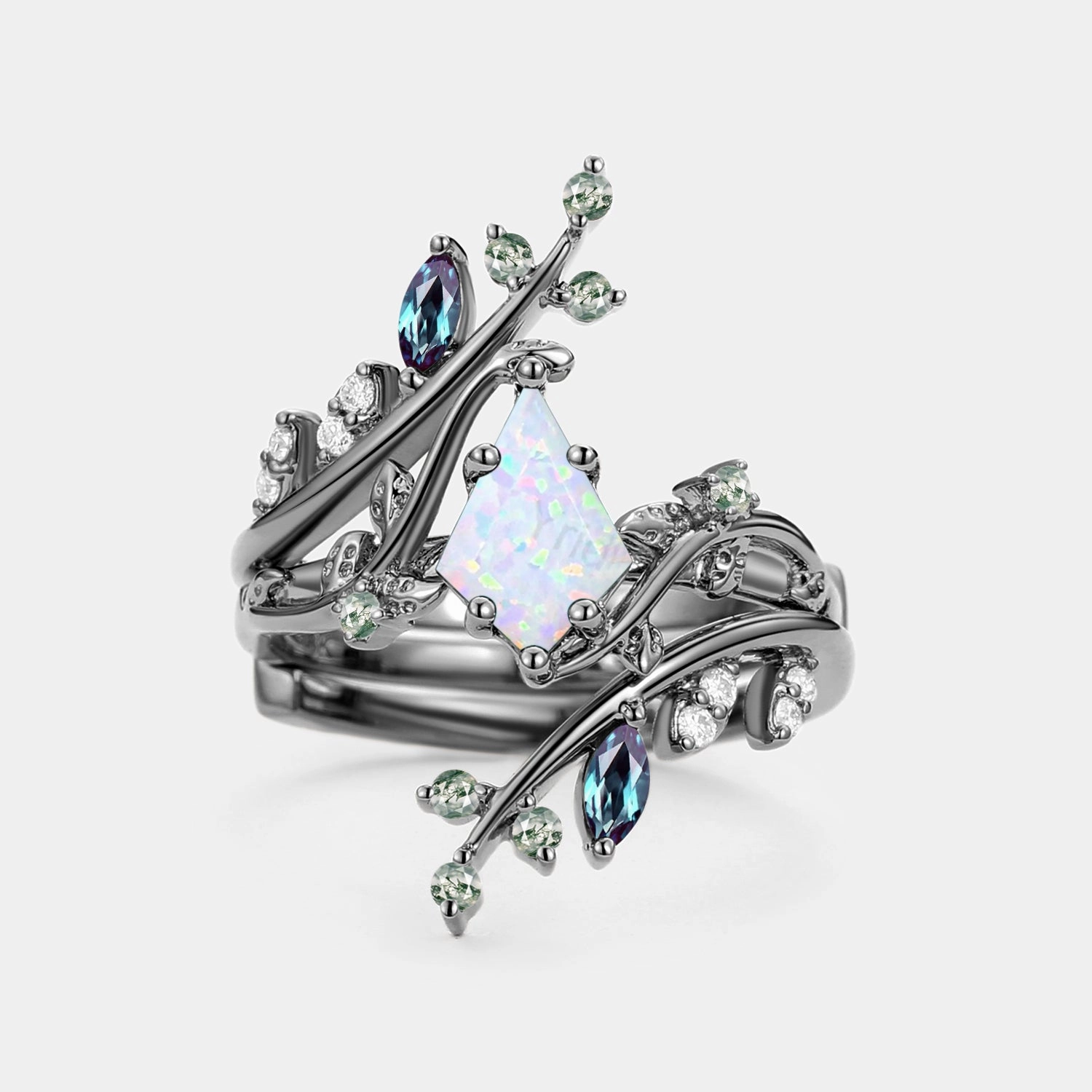 Kite Cut Opal Cage Leafy Engagement Ring Sets 2pcs - Knight Vibrant Jewelry Design