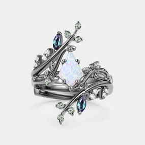 Kite Cut Opal Cage Leafy Engagement Ring Sets 2pcs - Knight Contemporary Edge Pure Brilliance