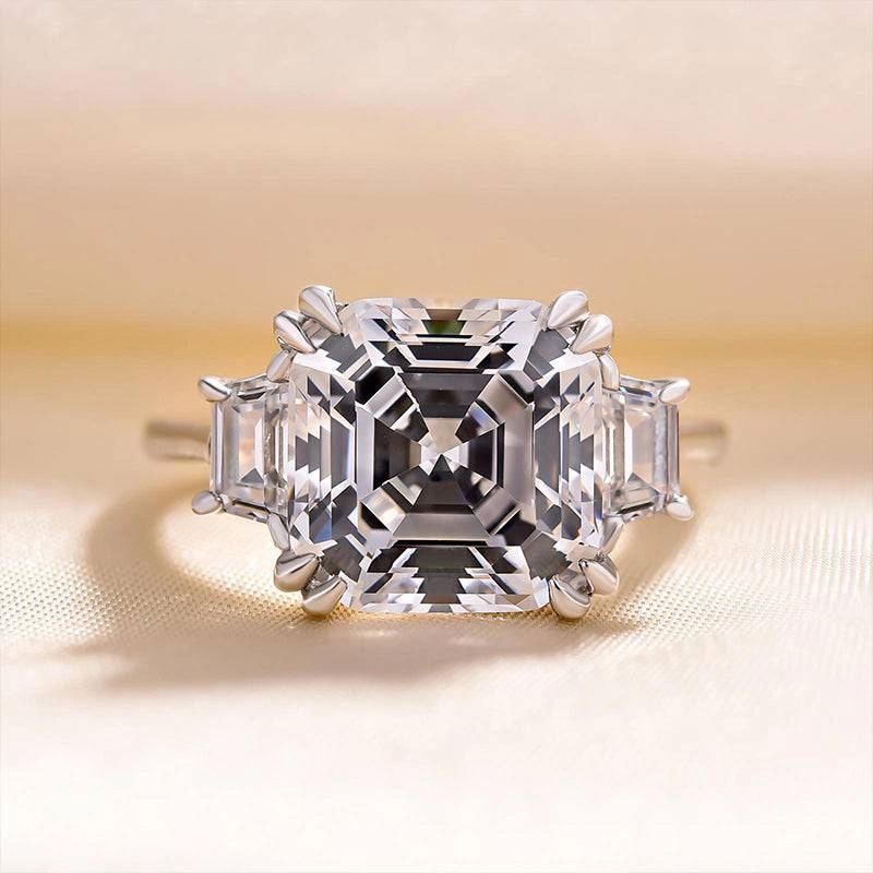 Elegant flair Trendy Detail Louily Exclusive Asscher Cut Three Stone Women's Engagement Ring In Sterling Silver
