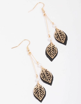 Gold & Black Filigree Diamante Leaf Drop Earrings Simple Detail