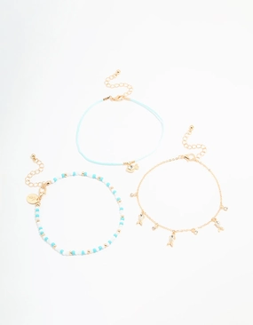 True Touch Lifestyle Match Gold Diamante Fish & Blue Beaded Anklets 3-Pack
