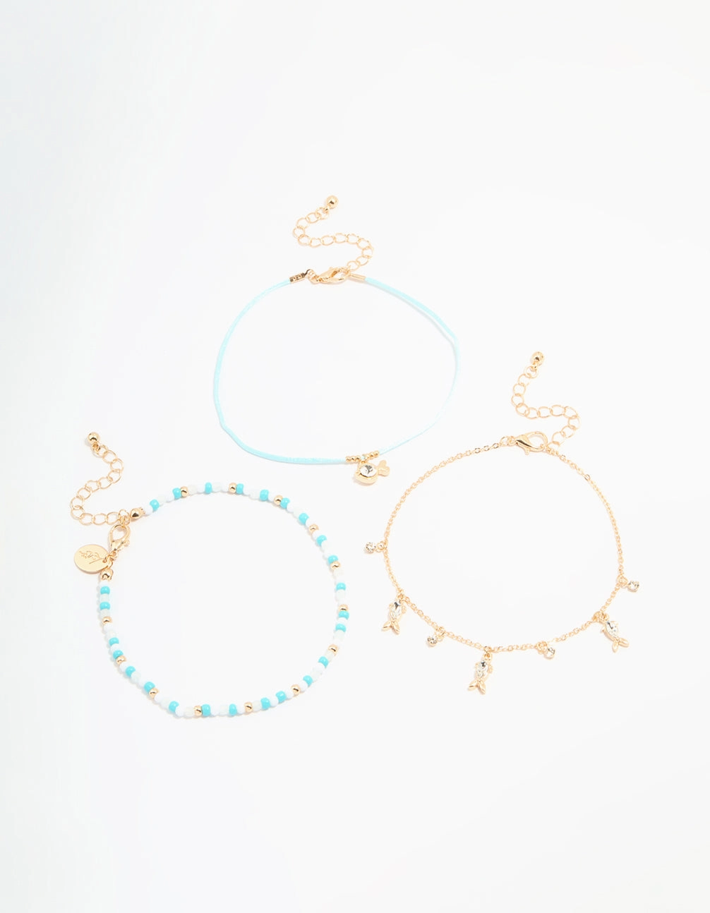 True Touch Lifestyle Match Gold Diamante Fish & Blue Beaded Anklets 3-Pack