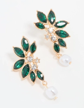 Trendy Form Gold Green Diamante & Pearl Marquise Stud Earrings