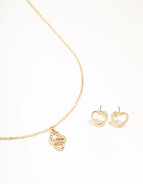 Gold Link Heart Diamante Necklace & Earrings Set Radiant Form