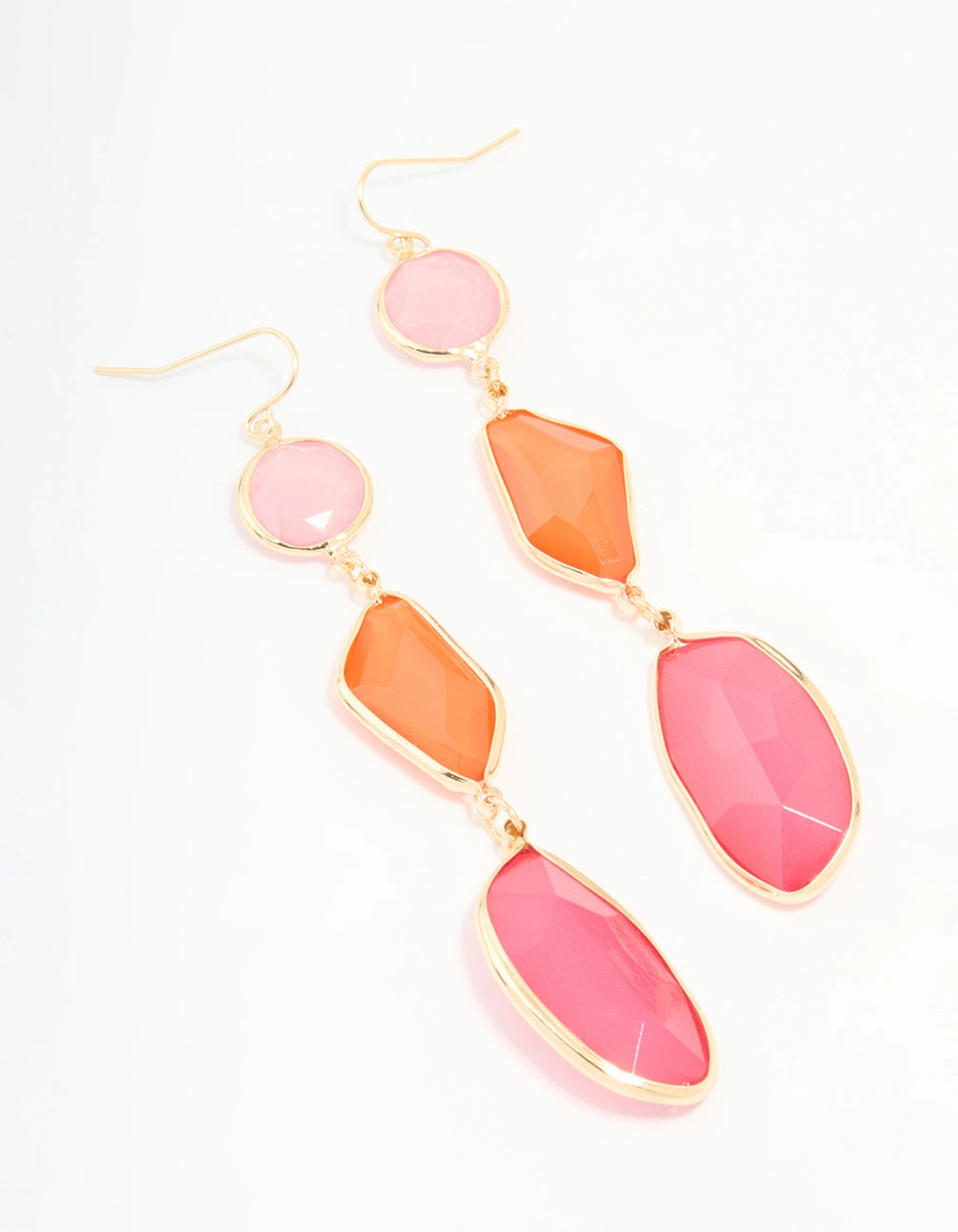 Gold Pink & Orange Triple Tiered Drop Earrings Gloss Appeal Shiny Lines