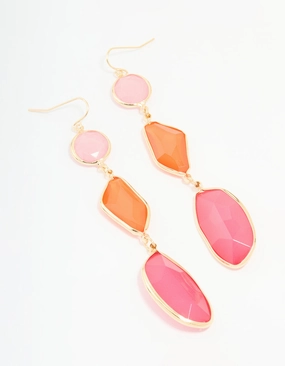 Gold Pink & Orange Triple Tiered Drop Earrings Gloss Appeal Shiny Lines
