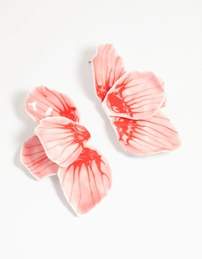 Gold Pink Coated Metal Hammered Statement Petal Stud Earrings Vibrant Detail