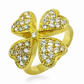 Gold Plated Silver Ring with Four Heart Shape Cubic Zirconia Gemstones HighEnd Gift