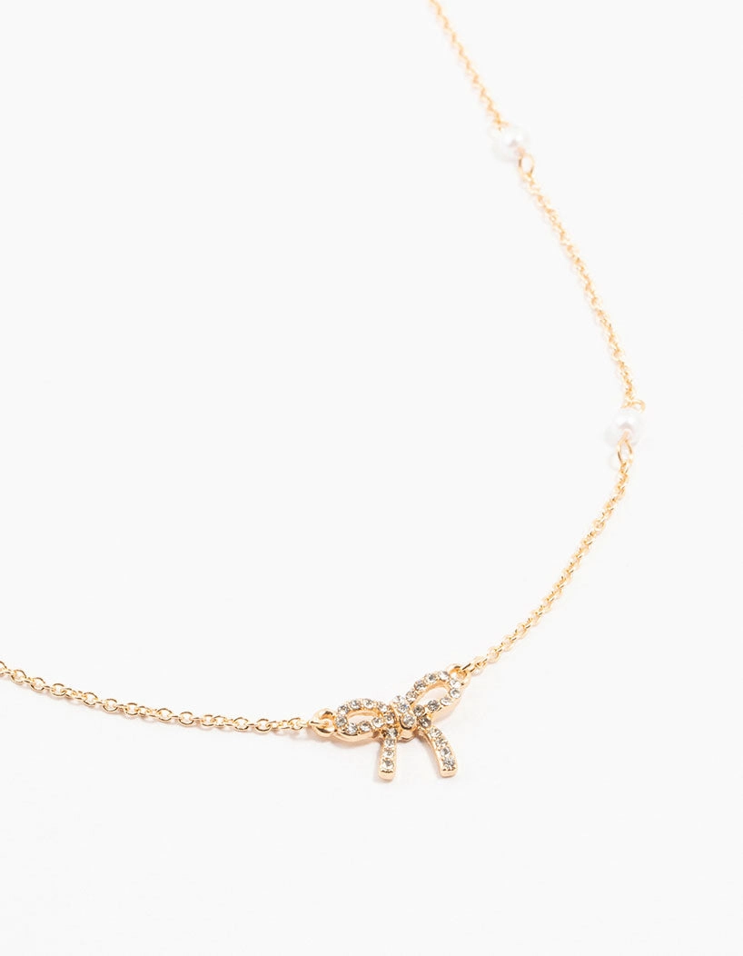 Anniversary Surprise Gold Plated Station Pearl Diamante Bow Pendant Necklace