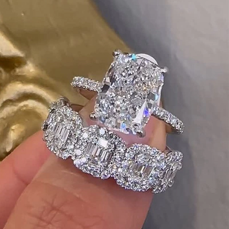 Creative Finish Vintage 5.5Ct Cushion Cut Wedding Ring Set With Halo Emerald Cut Half Wedding Band