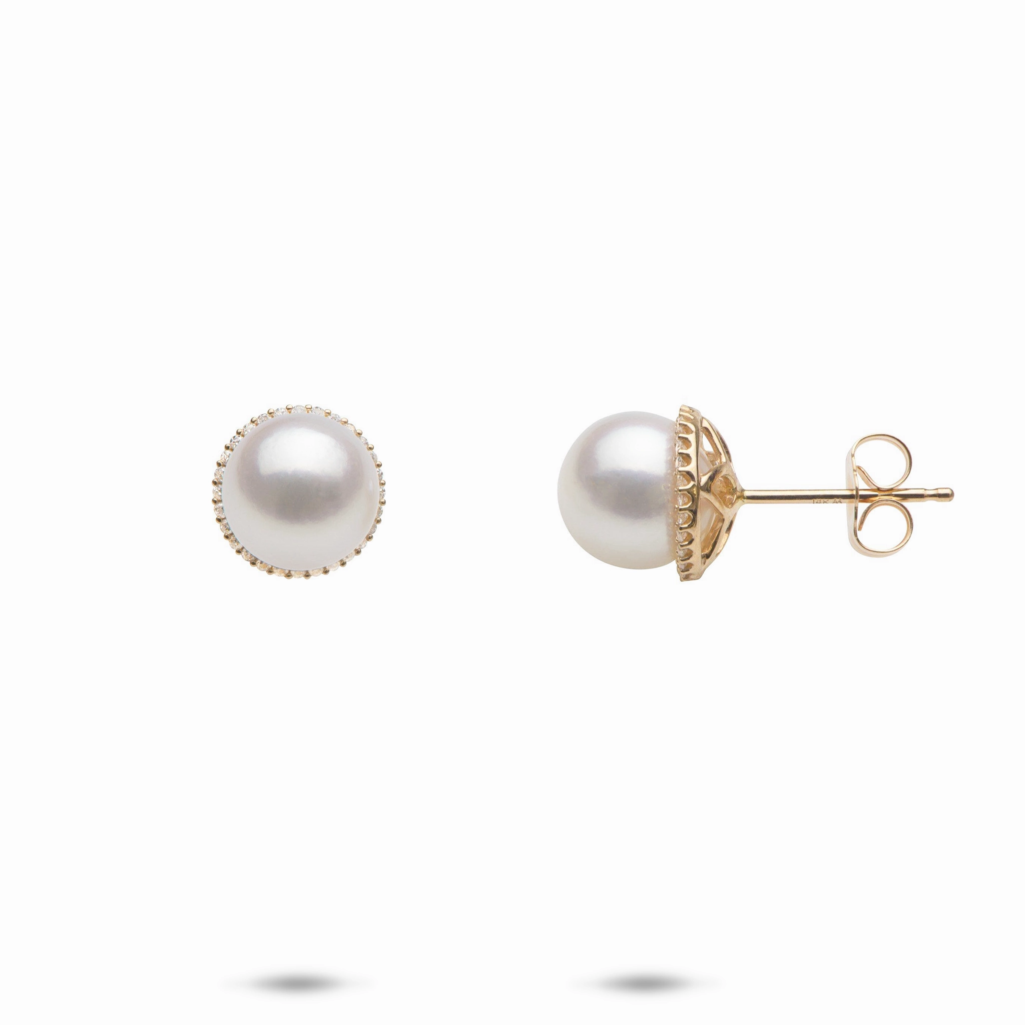 Sophisticated Look Akoya White Pearl Halo Earrings in Gold with Diamonds - 8-8.5mm