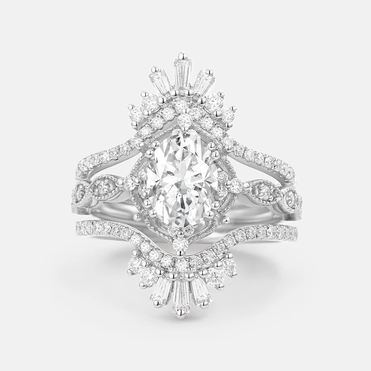 Oval Cut Moissanite Cage Flower Ring Set 2pcs Gleaming Edge