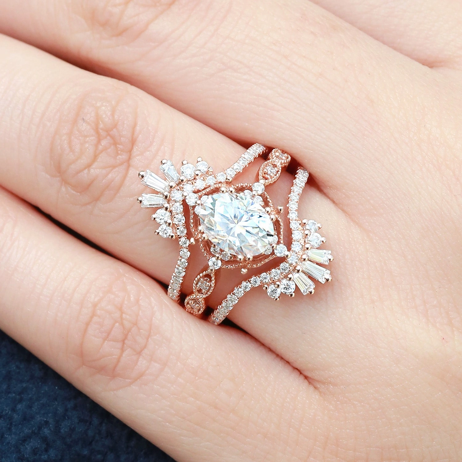 Oval Cut Moissanite Cage Flower Ring Set 2pcs Charming Jewelry Pieces Seasonal Mood