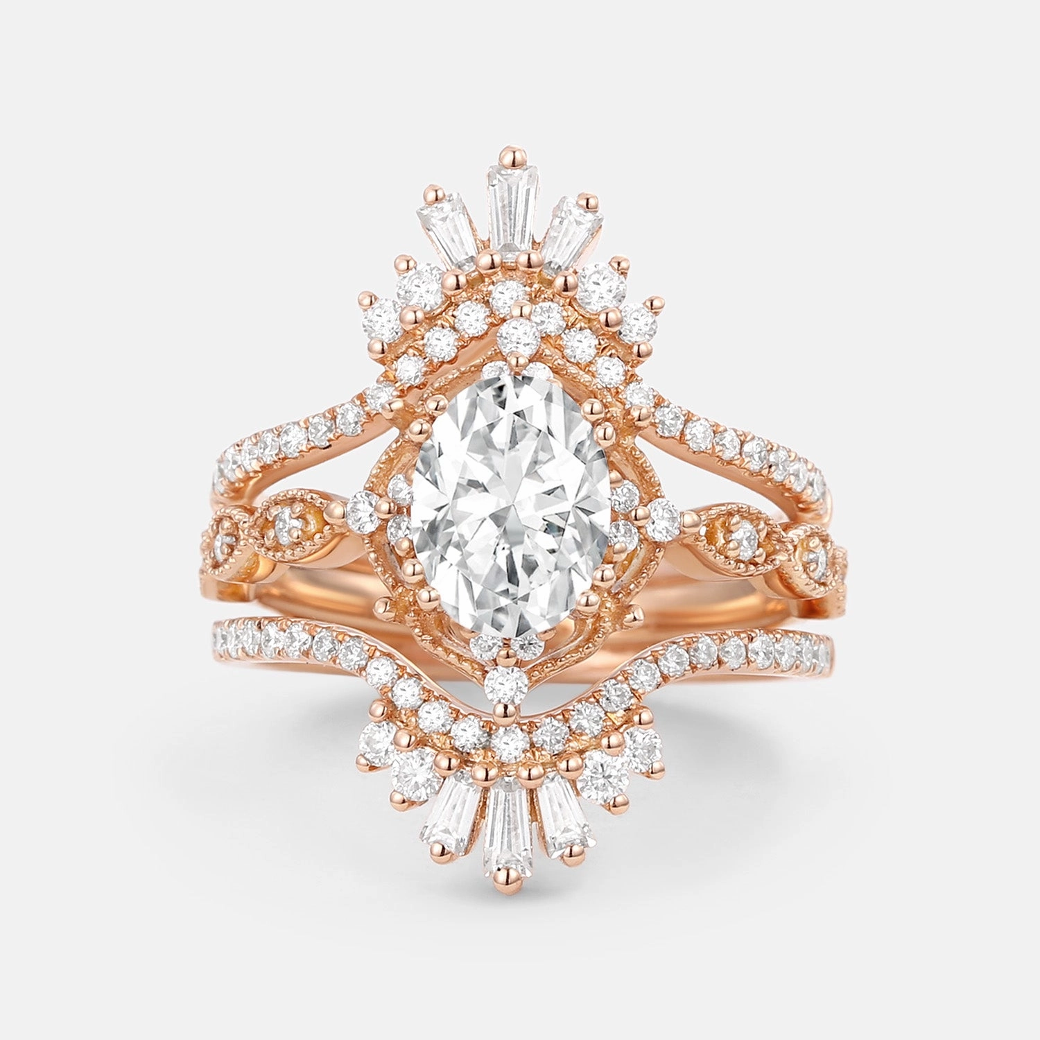 Refined Jewelry Bright Shine Oval Cut Moissanite Cage Flower Ring Set 2pcs