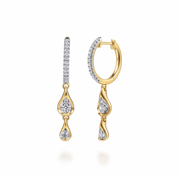 Ornate Look 14K White and Yellow Gold Diamond Huggie Drop Earrings