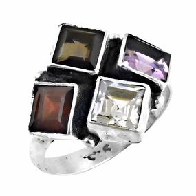 Graceful Amethyst, CZ Garnet, and Smokey Quartz Gemstone Silver Ring Secure Work man made