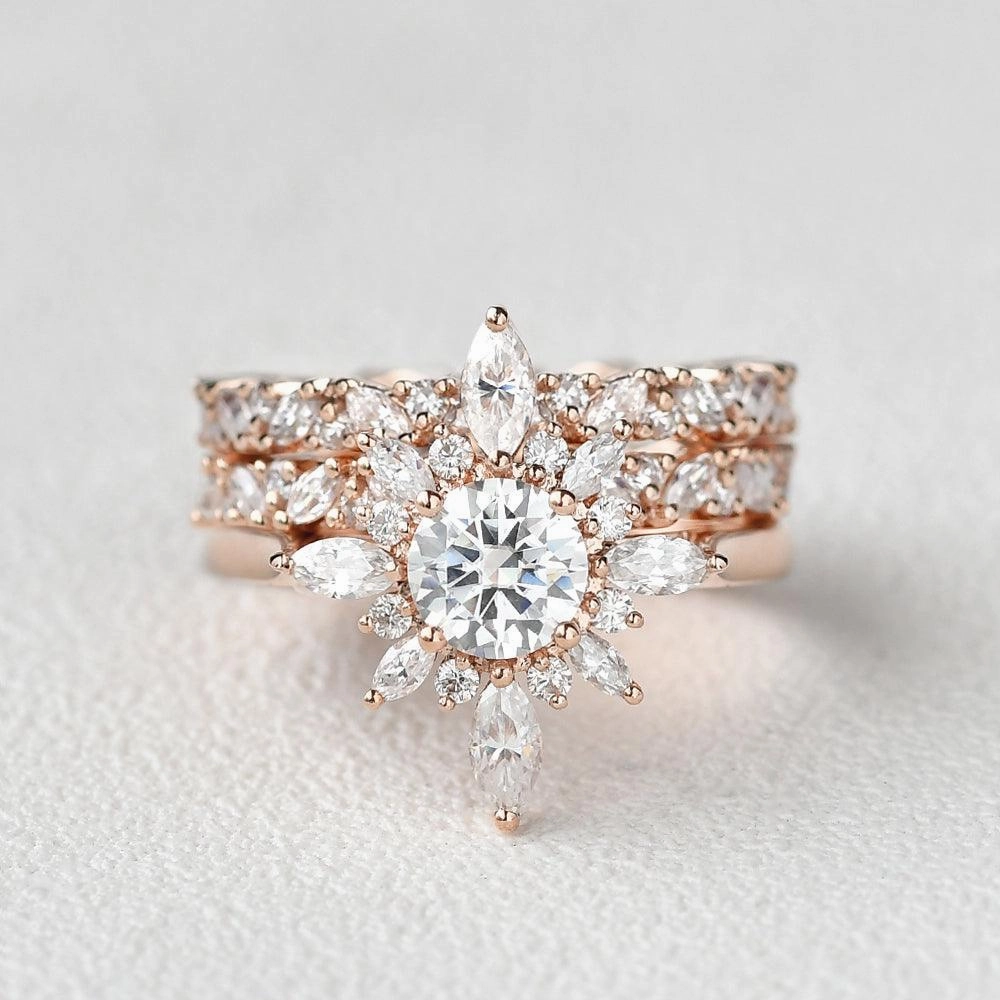 Flower Marquise Moissanite Cluster Ring Set 3pcs Effortless Accent