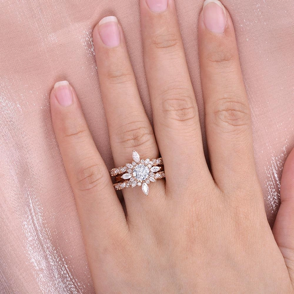 Modern Aesthetic Flower Marquise Moissanite Cluster Ring Set 3pcs
