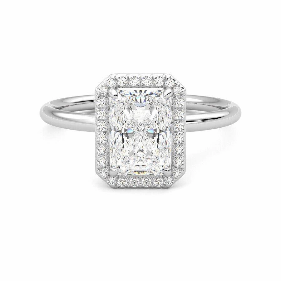 Radiant Cut Halo Moissanite Engagement Ring with Hidden Anniversary Stone Accent Glamorous Design
