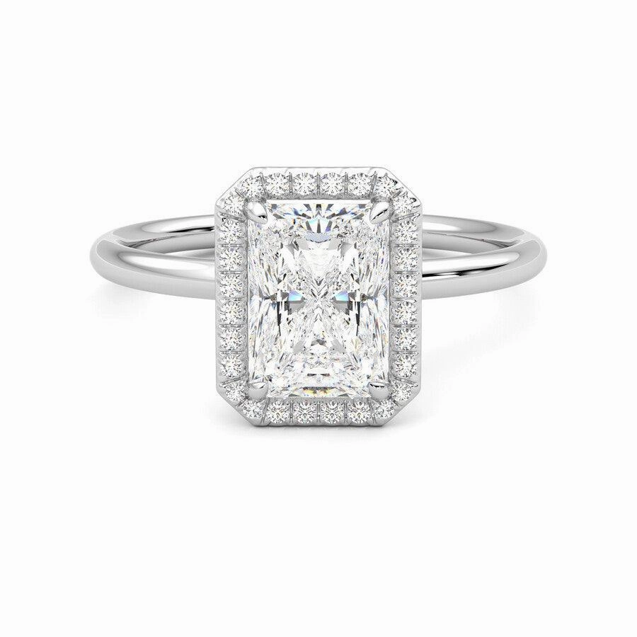 Holiday Accent City Stroll Radiant Cut Halo Moissanite Engagement Ring with Hidden Anniversary Stone Accent