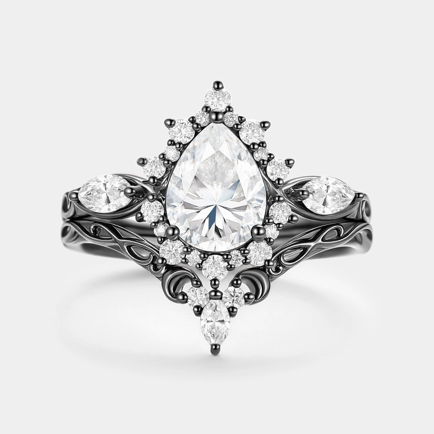 Pear Shaped Moissanite Halo Ring Set 2pcs - Zenn Radiant Charm Graceful Highlight