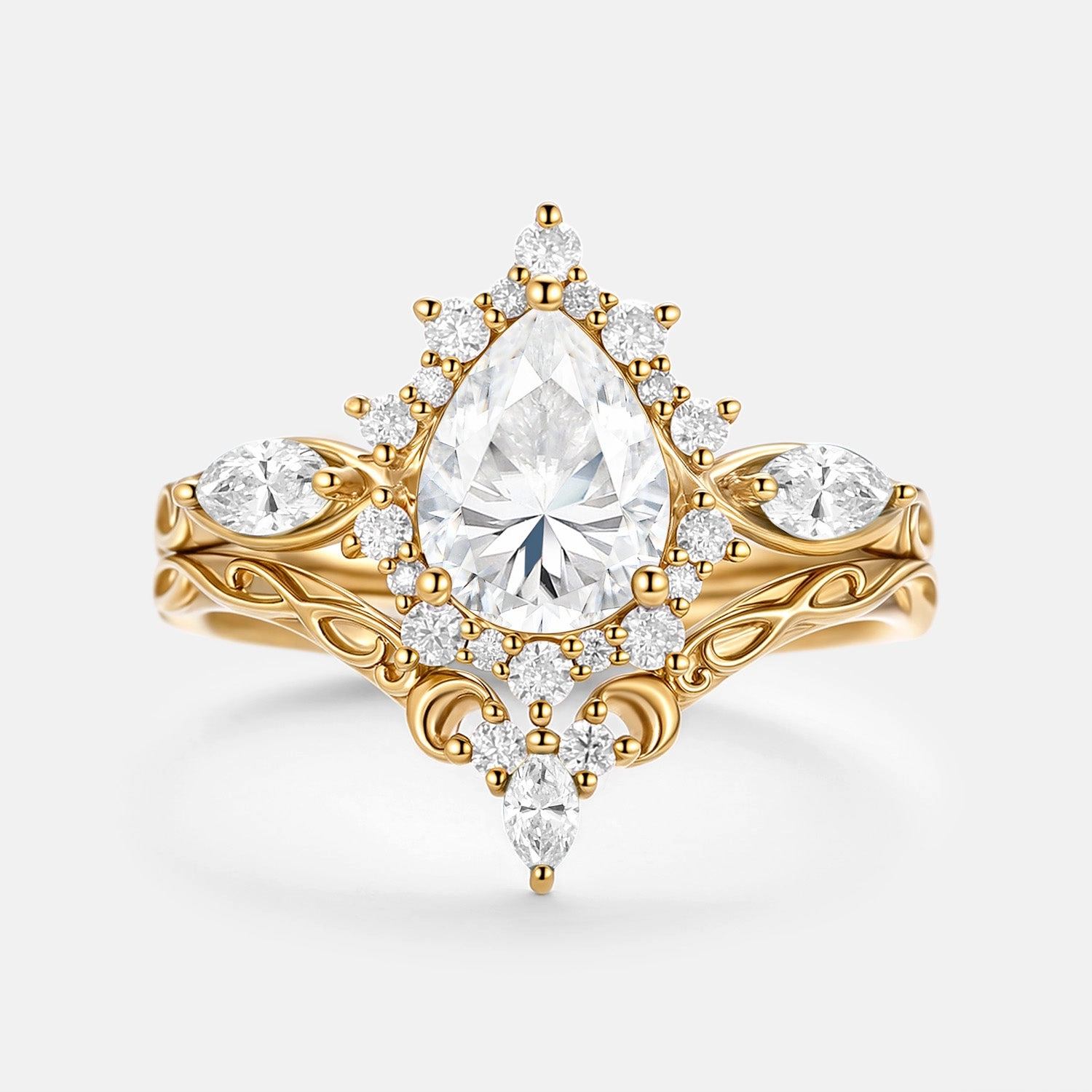 Texture Highlight Pear Shaped Moissanite Halo Ring Set 2pcs - Zenn