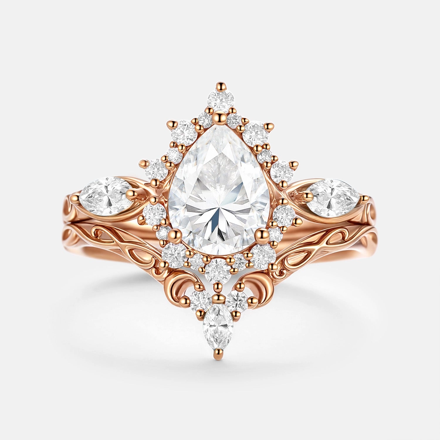 Fashion Look Trendy Highlight Pear Shaped Moissanite Halo Ring Set 2pcs - Zenn