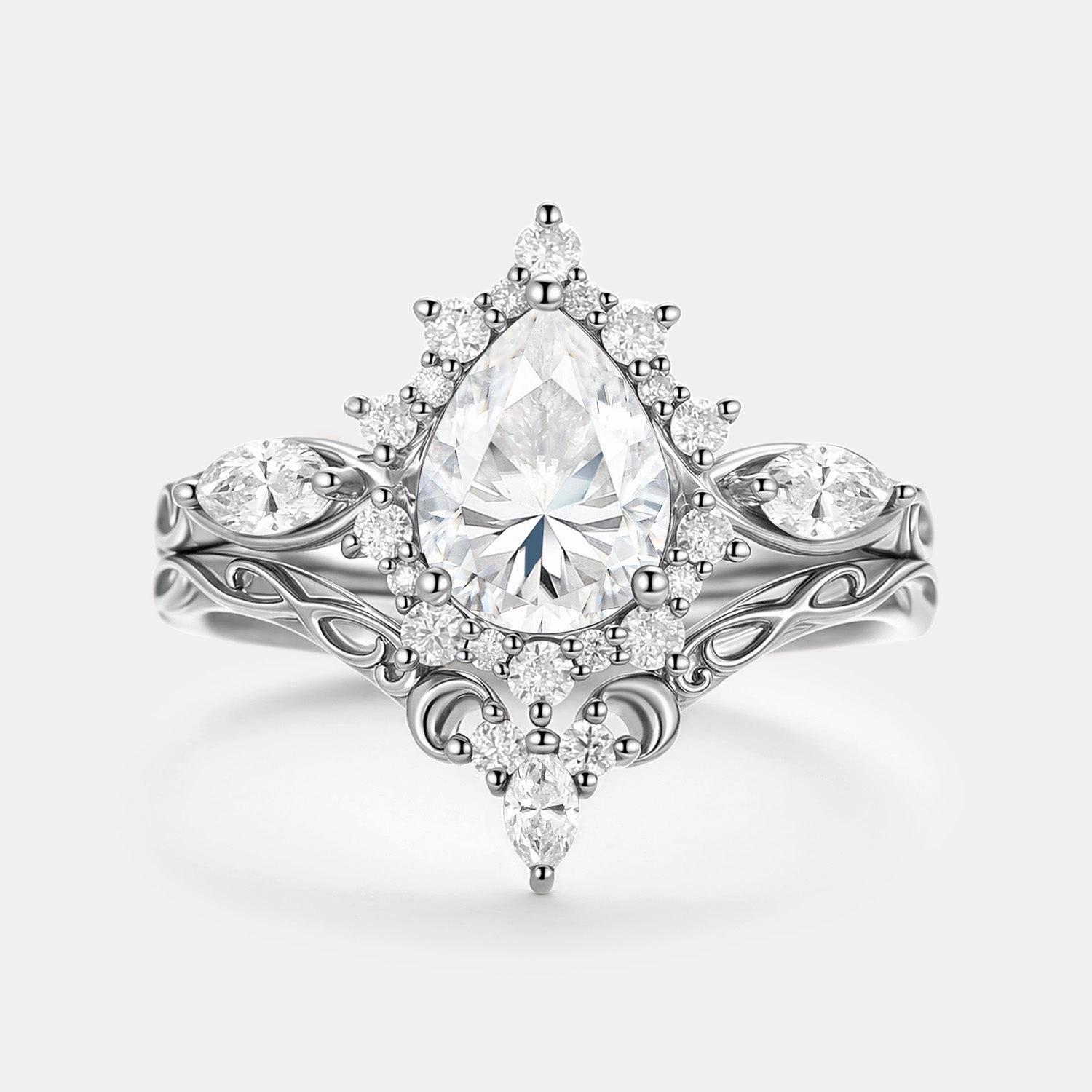 Pear Shaped Moissanite Halo Ring Set 2pcs - Zenn Street Chic