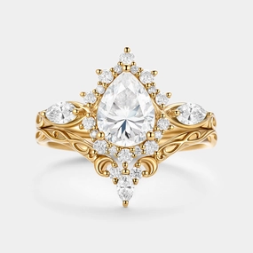 Texture Highlight Pear Shaped Moissanite Halo Ring Set 2pcs - Zenn